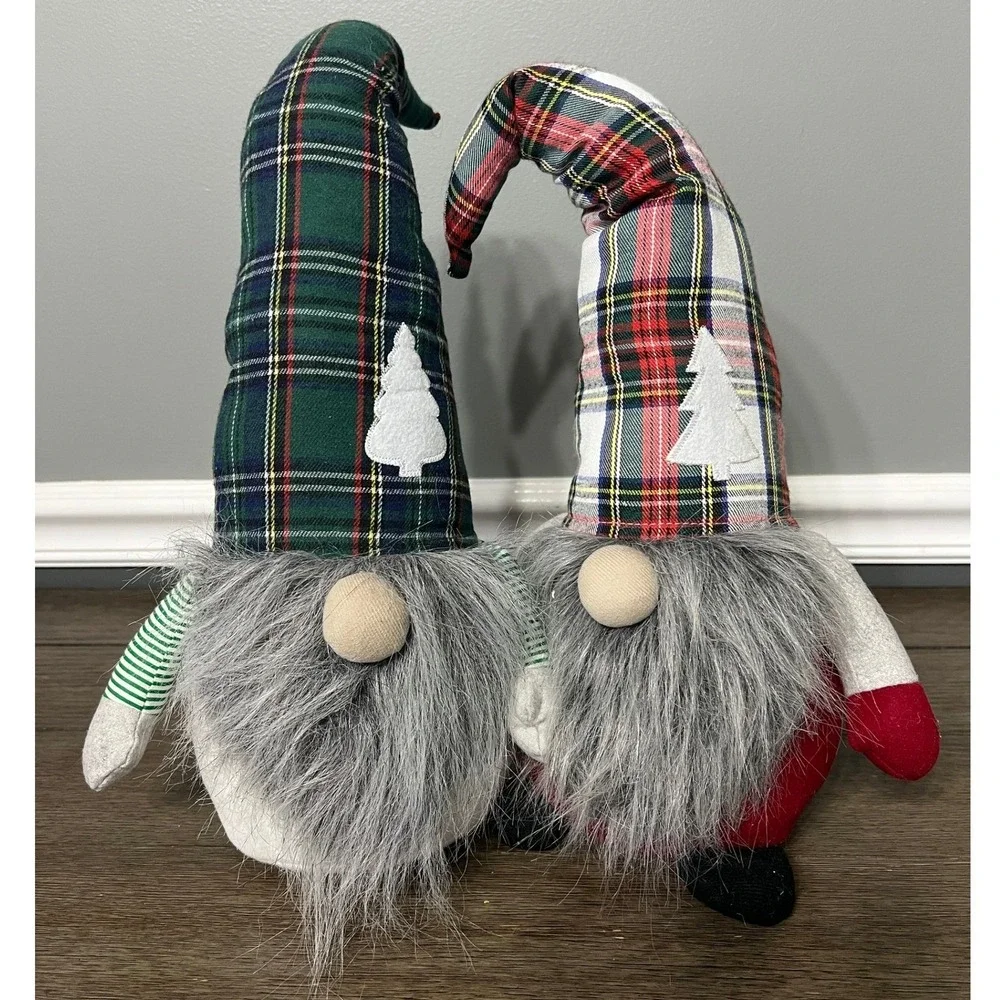 Holiday Gnomes Christmas Plush Shelf Sitters‎ Decor Plaid Hats Set of 2